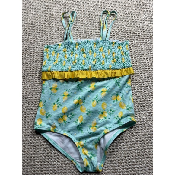 Crown & Ivy Kids One Piece Swimsuit Girls 10 Blue Lemon Smocked Ruffled Beachy - Picture 1 of 4
